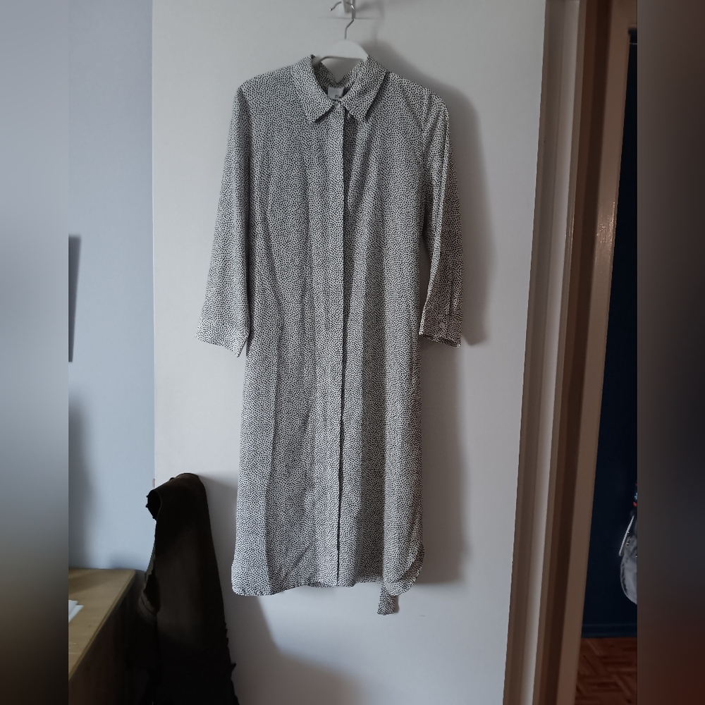 IRIS & INK Black + White Print Silk Belted Shirt Dress 6